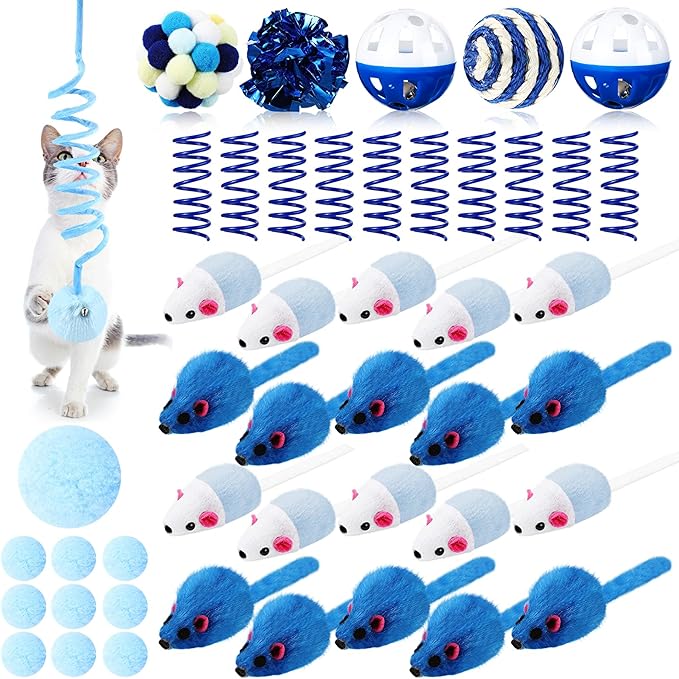 Gemscream 46 Pcs Cat Toys Set Interactive Cute Cat Toys Include Fur Mice Rattle Springs Crinkle Balls Pompom Bell Sisal Ball Puzzle Chase Toys for Kitten Indoor Stuff Gift(Blue)