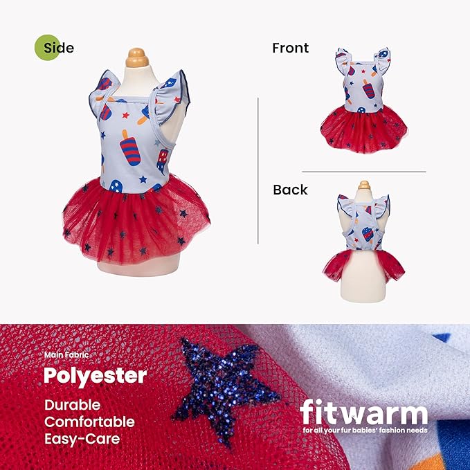 Fitwarm 4th of July Ice Pop Dog Dress, Patriotic Clothes for Small Dogs Girl, Festive Pet Outfit, Blue, Red, Small