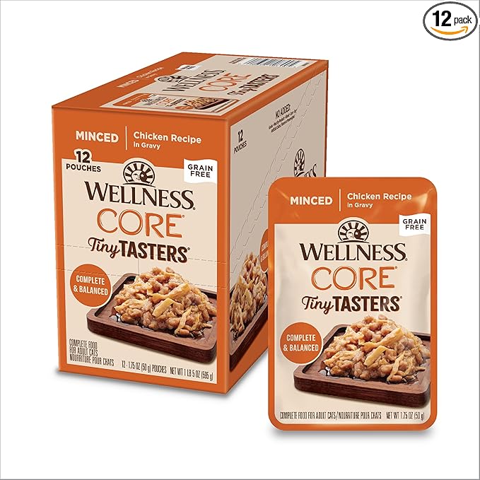 Wellness CORE Tiny Tasters Minced Adult Wet Cat Food, Natural, Protein Rich, Grain Free, Chicken Recipe, 1.75 oz, Pack of 12 Pouches