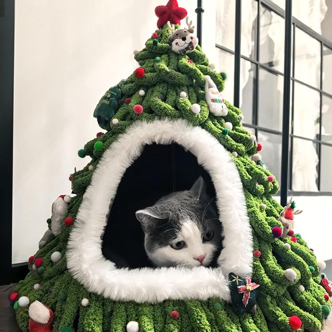DIY Christmas Tree Cat Bed Set, Christmas Pet Tree House Package, DIY Felt Xmas Cave, Indoor Kittens Felt Nest Cats Hideaway, Teepee Furniture Decorations for Family & Friends (A, Under 12lb)