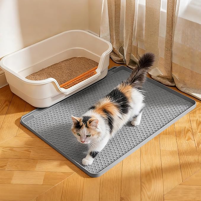 Cat Litter Mat, 24''x20'' Waterproof Silicone Litter Trapping Mat for Litter Box, Soft on Kitty Paws Non-Slip & Easy to Clean (Light Grey)