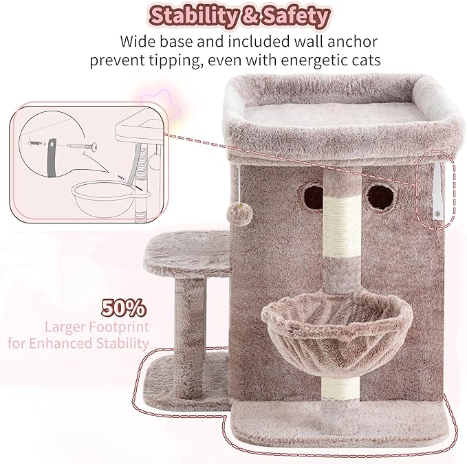 Heybly Cat Tree, 26.3-inch Cat Tower with Spacious Top Perch for Large Cats, Stair-Style Cat House Furniture with Dual-Layer Condos, Sisal Scratching Posts, Cozy Basket & Pompom, Muchroom HCT204SMU