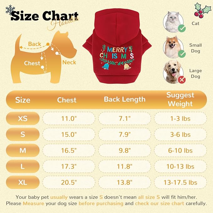 ABRRLO Small Dog Hoodie Clothes Red Christmas Dog Outfit Warm Fleece Dogs Sweater for Small Dogs Cat Boy Girl Cute Puppy Sweatshirt with Leash D Ring Xmas Doggy Costume Chihuahua Yorkie Shihtzu(Red,S)