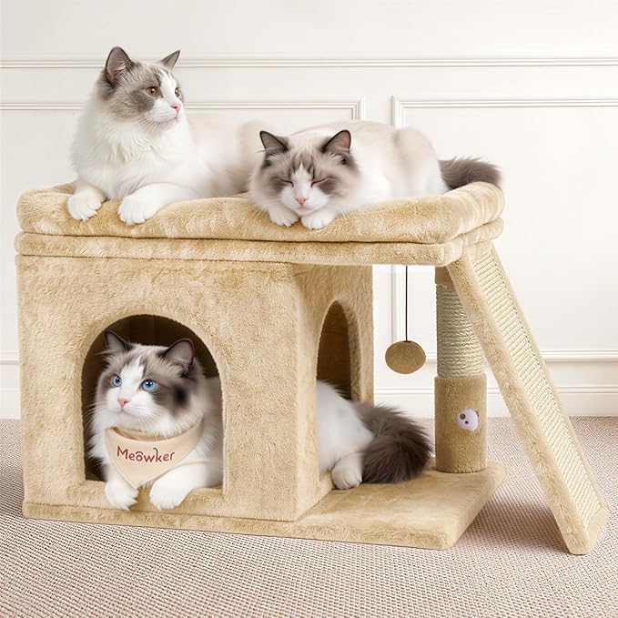 Cat Tree Tower Bed with Scratching Post for Indoor, Heavy Duty Small Stand House Condo for Large Cats & Kittens, Platform Perch Hideout Climb Rest Area, Modern Sturdy Furniture, Beige