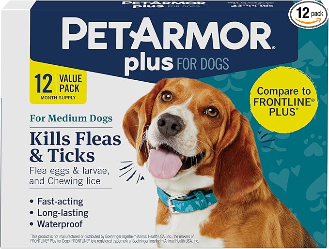 PetArmor Plus Flea and Tick Prevention for Dogs, Medium Dog Flea and Tick Treatment, 12 Doses, Waterproof Topical, Fast Acting (23-44 lbs)