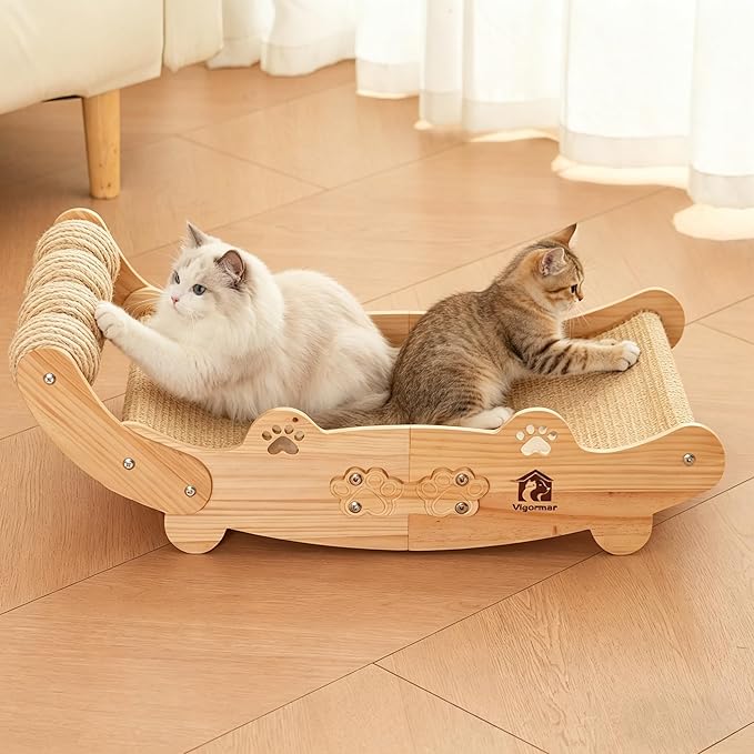 Large Sisal Cat Scratch Pad, Nartural Soild Wood Cat Scratcher Bed with Sisal Scratching Felt and 4 Balls for Indoor Cats Scratch & Lounger & Sleep (Large Size, Nature Wood)