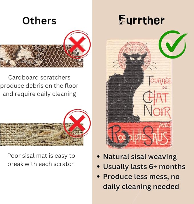 Furrther Sisal Cat Scratcher Mat (Use on Wall, Couch and Carpet), Durable and Shedding-Resistant Cat Scratching Surface - 21.7x13 inch with Adhesives and Twist Pins (The Black Cat Vintage Poster)