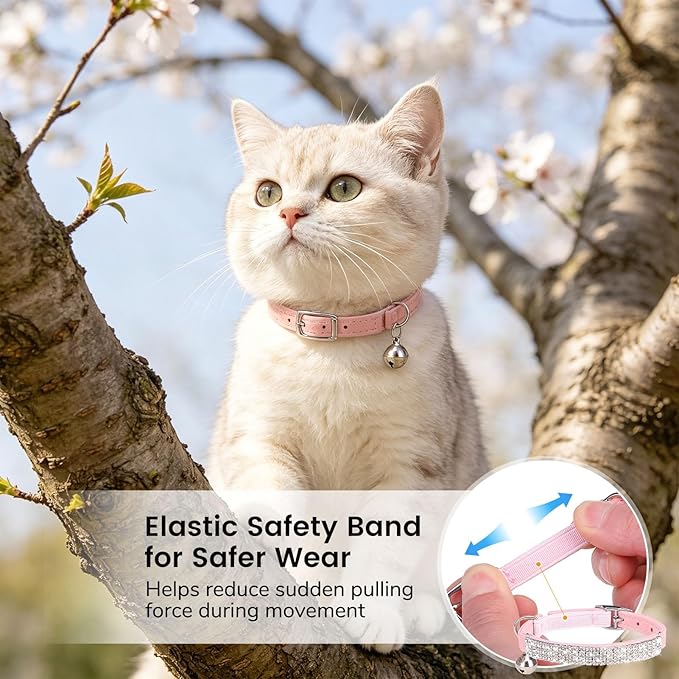 BINGPET Diamond Cat Collar with Bell, Adjustable Soft Velvet Bling Rhinestone Cat Collar, Sparkly Kitten Collar with Safety Elastic & Metal Buckle for Small Medium Cats