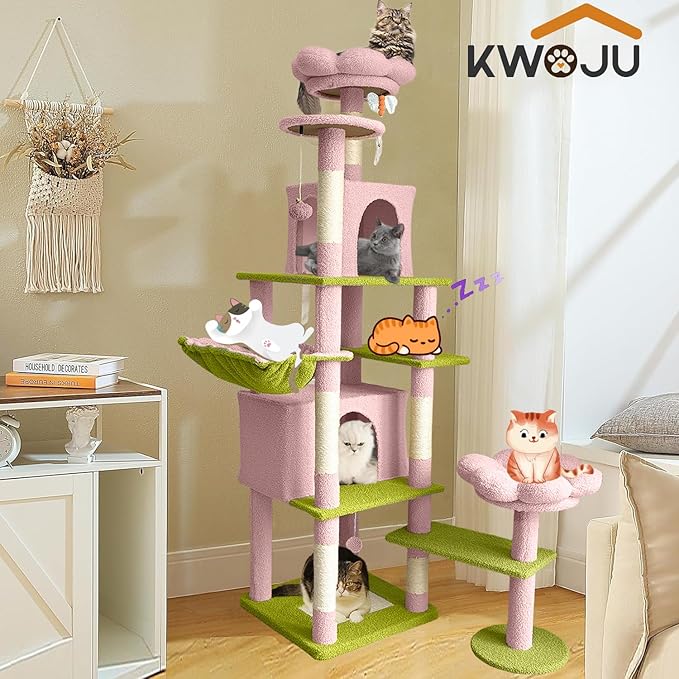 Flower Cat Tree 71 Inches，Large Cat Tower with 2 Detachable Flower Cushions and 2 Hiding Condo, Tall and Big Cat Tree with Hammock Bed, Interactive Toys and Scratching Posts for Indoor Cats (Pink)