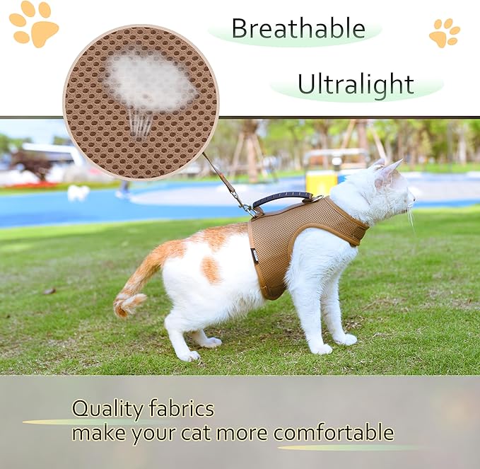 Cat Harness and Leash for Walking Escape Proof Breathable Mesh Fabric, Solid Brown, Large, Adjustable Cat Walking Jackets with Handle, Padded Stylish Cat Vest