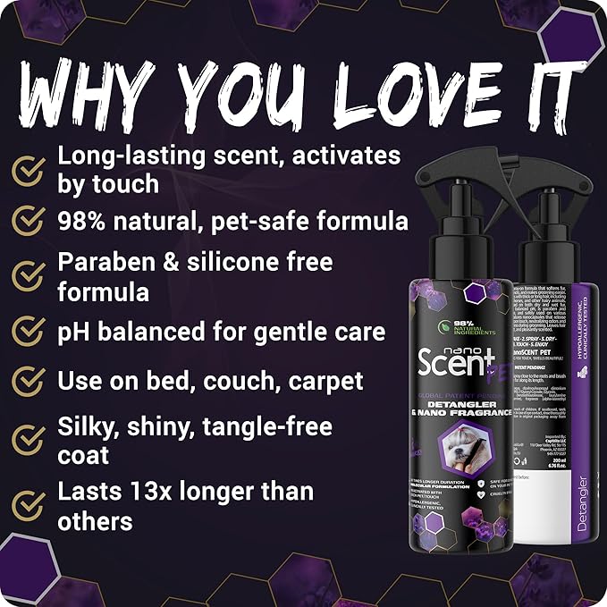 Pet Fur Detangler and Conditioner, Leave-in Conditioner with Long-Lasting Nano Scent for Effortless Grooming and Freshness, Spray After a Bath, Swim, Rain or Snow, Works All Day (200mL)