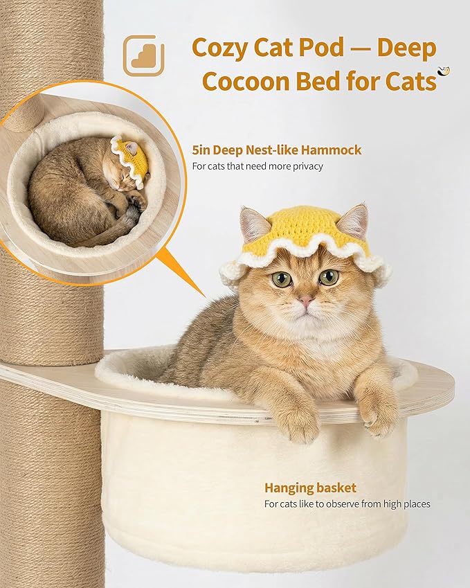 Aechonow 9ft Floor to Ceiling Cat Tree for Large Cats, 5'' Deep Nest-Like Hammock for Indoor Kittens, 5-Tier Adjustable Cat Tower(76-108Inch), Beige