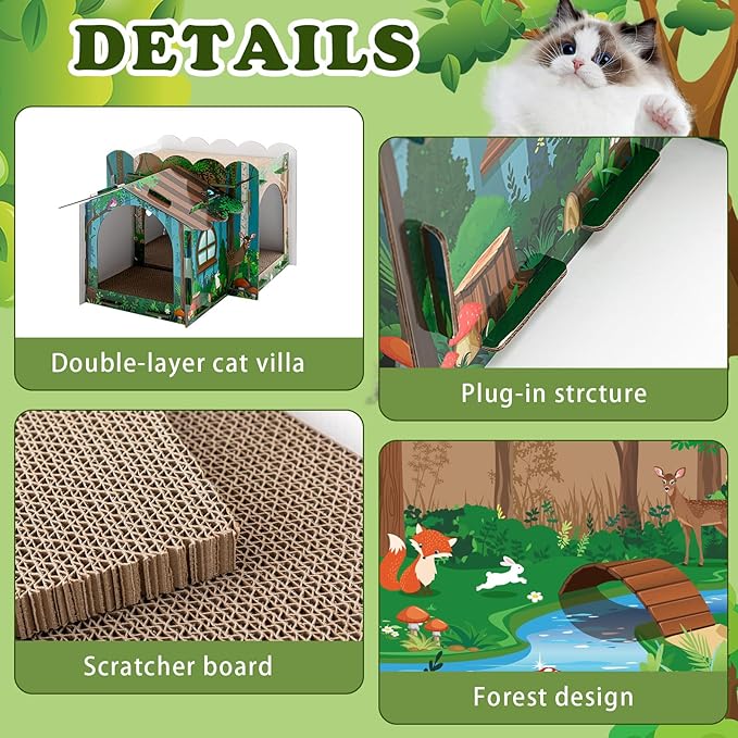 Lineshading 2 Story Cardboard Cat House with Scratcher Pad, Multi Level Durable Cat Scratcher House for Small Kitten Bunny Rabbit Animals Christmas Birthday Gift(17x12x10,Forest)