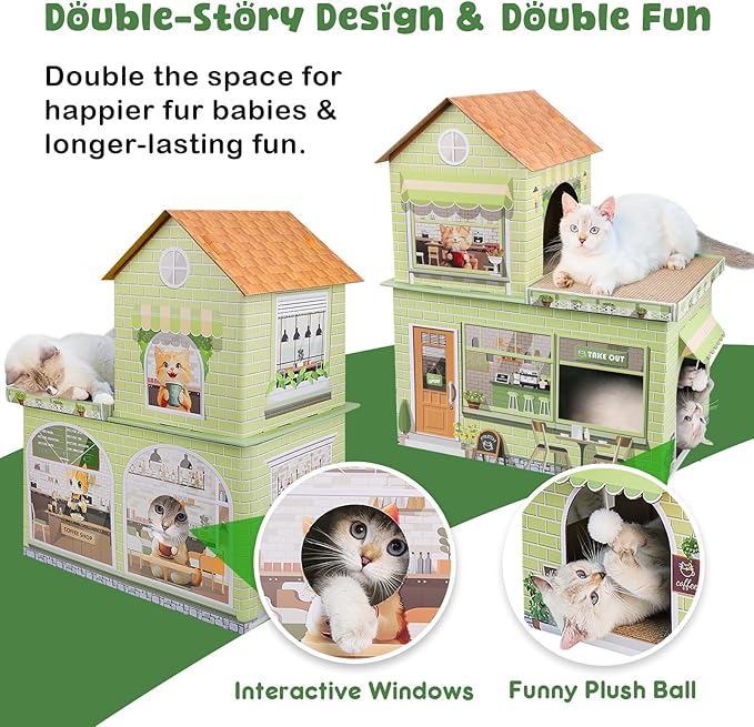 Cardboard Cat Houses for Indoor Cats - Kitten Scratcher Houses & Condos, Cafe Themed Hut Hideout Play House Bed with Scratching Pads, Scratch Box for Large Kitty Rabbit Bunny Small Animals