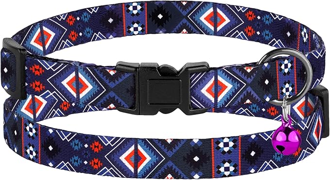 2 Pack Cat Collars with Bell - Breakaway Soft Collar for Girl & Boy Cats, Adjustable Safety Cute Kitten Collars – Comfortable Stylish Patterned Print Design Lightweight (Geometric + Boho)