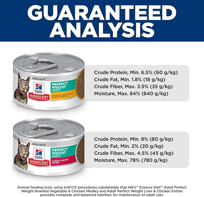 Hill's Science Diet Adult Perfect Weight Wet Cat Food Variety Pack, Vegetable & Chicken and Liver & Chicken, 2.9 oz. Cans, 12-Pack