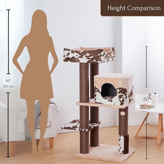 PetPals Large Cat Tree 50” Tall for Grand Maine Coon, with Large Condo, Removeable Top Bed, Extra Durable & Sturdy Large Cat Tower, Cowboy Style (Brown)