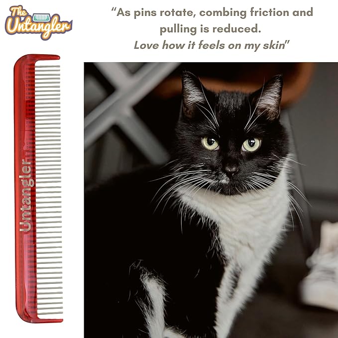 Cat Comb, 7 inch, Ferrari Red - Silky Smooth Rotating Teeth for Gently Detangling Matted Cat Hair, Stainless Steel, Made in USA, Vet Recommended