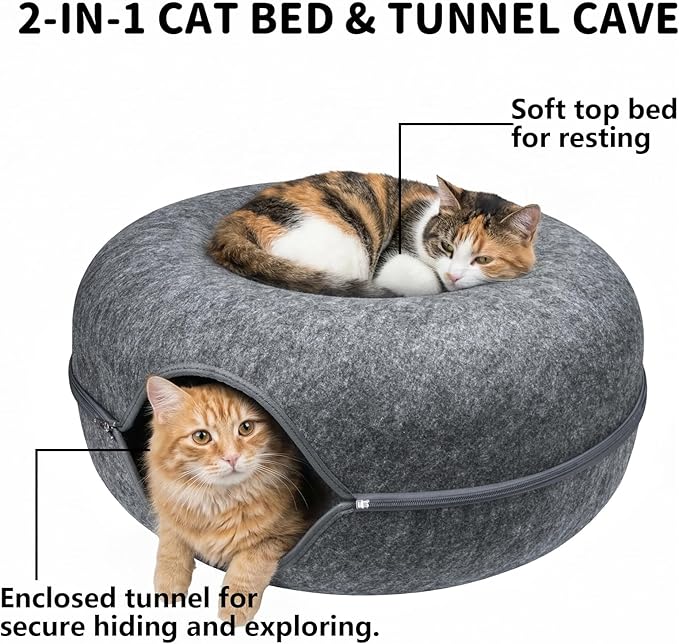 Cat Cave Bed Tunnel Donut 2 Pack– Peekaboo Felt Hideaway for Indoor Large Cats up to 45 lb – Detachable Washable Scratch-Resistant – Multi-Cat & Kittens, Dark Grey/Grey
