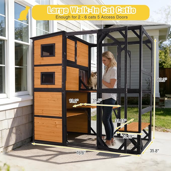Aivituvin Large Catio Cat Enclosure Window for Outdoor Cats, Weatherproof Cat House with Roof, Resting Platforms & Windows, Indestructible Feral Cat Shelter for Backyard - Black and Brown