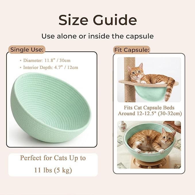 Cotton Rope Cat Bed Mat for Space Capsule, 11.8" Breathable Round Nest Liner, All-Season Warm & Cooling Pet Pad, Washable Scratch-Resistant Bedding for Cat Tree & Clear Bowl