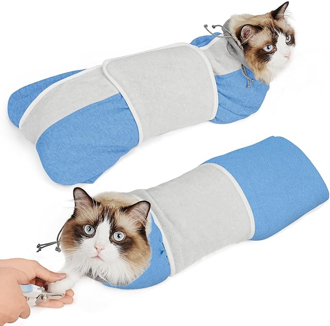 Supet Cat Grooming Wrap for Cutting Nails, Self-Adhesive Anti-Scratch Swaddle with Bite-Proof Mesh Hood & Thick Waist Strap Anti-Escape Bag for Nail Trimming, Medication, Ear Cleaning (Blue L)