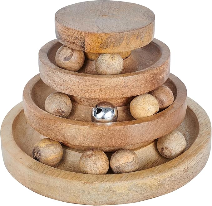Interactive Cat Toy Tower with Balls & Bell – 3 Tier Track Ball Toy for Indoor Cats & Kittens – Wooden Cat Enrichment Toy for Bored Cats, Exercise & Mental Stimulation 8 x 8 x 4 Inches