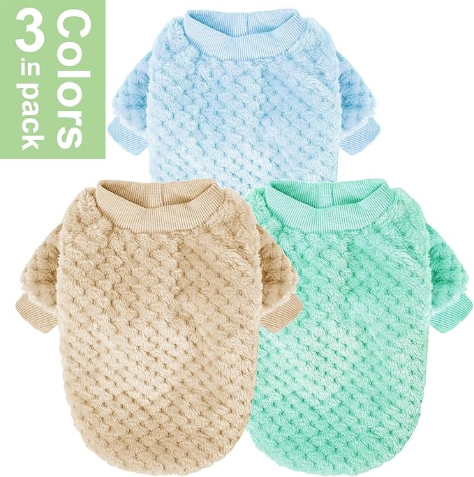 POMIU Dog Sweater, Dog Sweaters for Small Medium Dogs or Cat, Warm Soft Flannel Pet Clothes for Dogs Girl or Boy, Dog Shirt Coat Jacket (Ice Blue+Light Coffee+Teal, XX-Small)