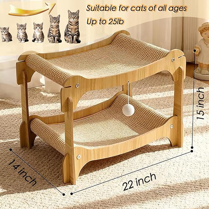 Two Level Sisal Cat Scratcher for Cats, Double Cat Bed with Interactive Hanging Plush Ball, 2 Tier Scratching Post for Indoor Small Medium Cats Kittens