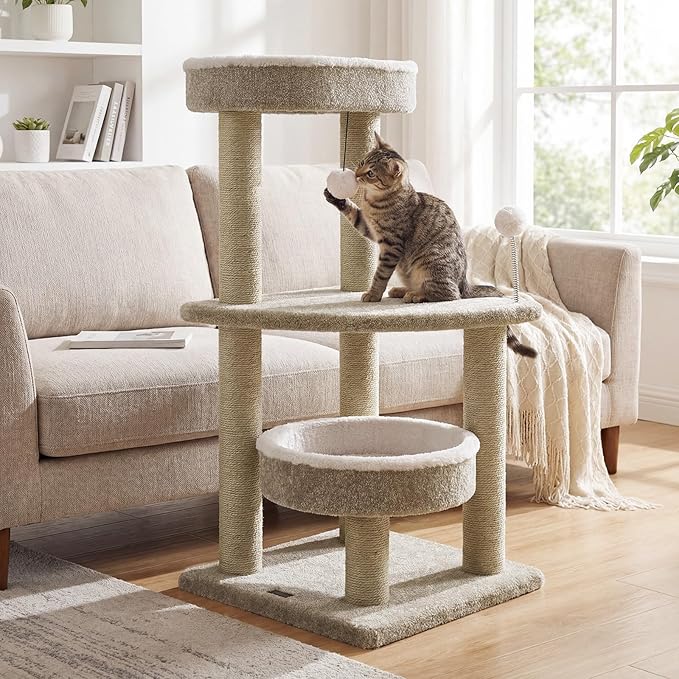 PETSITE 36-inch Modern Cat Tree, Multi-Level Cat Tower with Scratching Posts, 2 Comfy Cat Beds, Interactive Hanging Ball, and Spring Toy, Ideal for Indoor Cats and Kittens