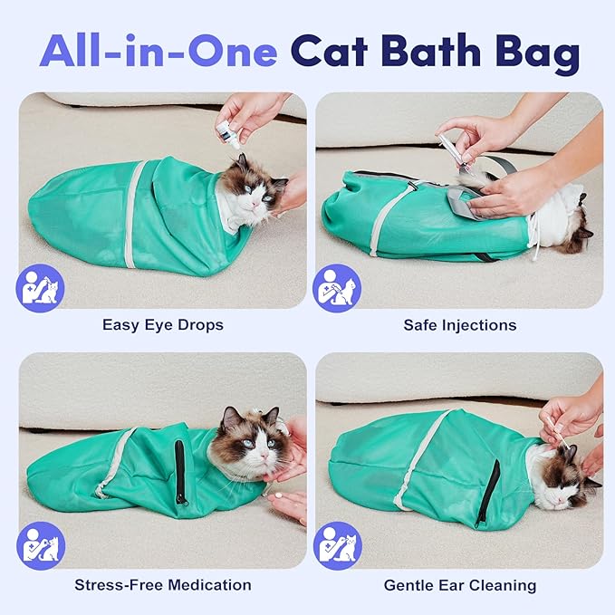 Cat Bathing Bag Anti Scratch Bite Breathable Mesh- Cat Grooming Bag for Nail Trimming, Injections, Medication, Dental Care, Vet Visits, Cats Shower Bag with Zippers,Green M