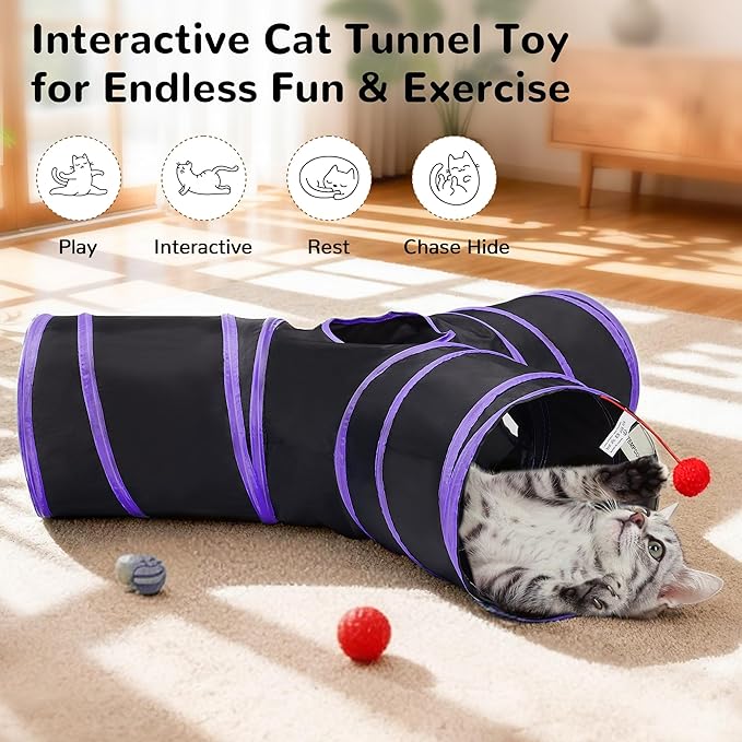 Tempcore Cat Tunnel for Indoor Cats, 3-Way Collapsible Play Tunnel with Teaser Wand, Peek Holes & Toy Ball, Small Pet Toy for Kittens & Rabbits, Black & Purple
