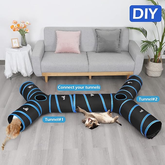 Pawaboo Cat Tunnel Tube - 3-Way Tunnels 25x53cm Extensible Collapsible Play Tent Interactive Toy Maze House Bed With Balls and Bells for Kitten Kitty Rabbit Small Animal, Blue