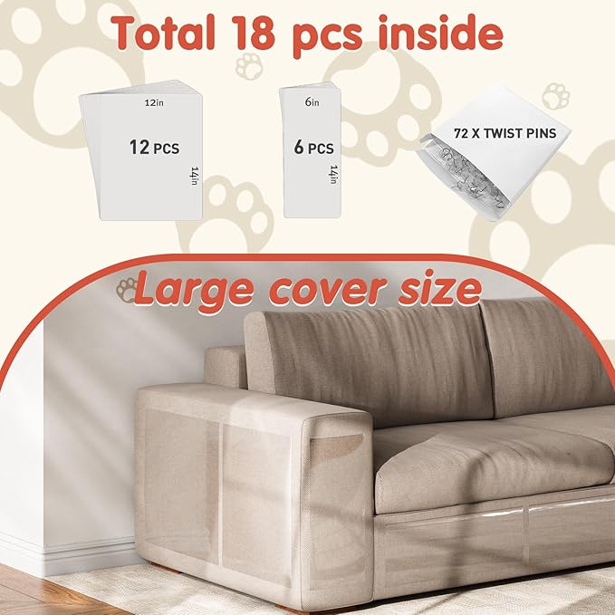 Secopad 18 PCS Large Cat Scratch Furniture Protector, Transparent Couch Protector from Cat Claws, Single-Sided Self Adhesive Anti Pet Deterrent Sofa Cover, 14IN