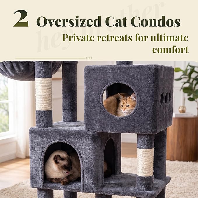 Hey-brother Cat Tree, 68.5 inch Cat Tower with L-Shaped Extended Base, Multi-Level Plush Furniture with 2 Spacious Candos, 2 Platforms, 11 Scratching Posts, Hammock and Toy Ball, Smoky Gray MPJ086G