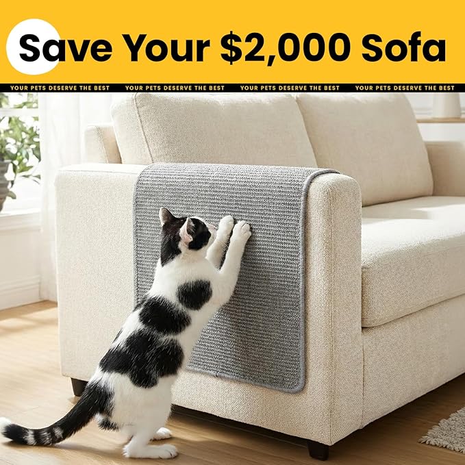 Conlun Cat Scratcher Mat,Natural Sisal Cat Scratch Pad with Hook&Loop Tape,Horizontal Floor Kitty Scratching Pads Rug for Indoor,Cat Furniture Protector for Couch&Carpets&Sofas, Medium, Grey, 2 Pack