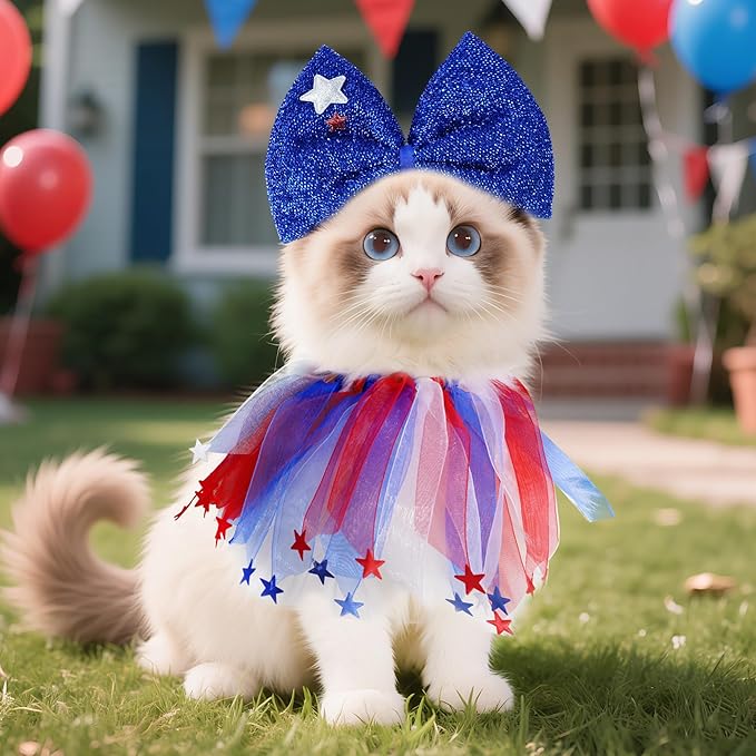 2 Pcs 4th of July Dog Outfit Cute Pet Bow Headband and Collar for Small Medium Dog Cat Independence Day Party Accessories