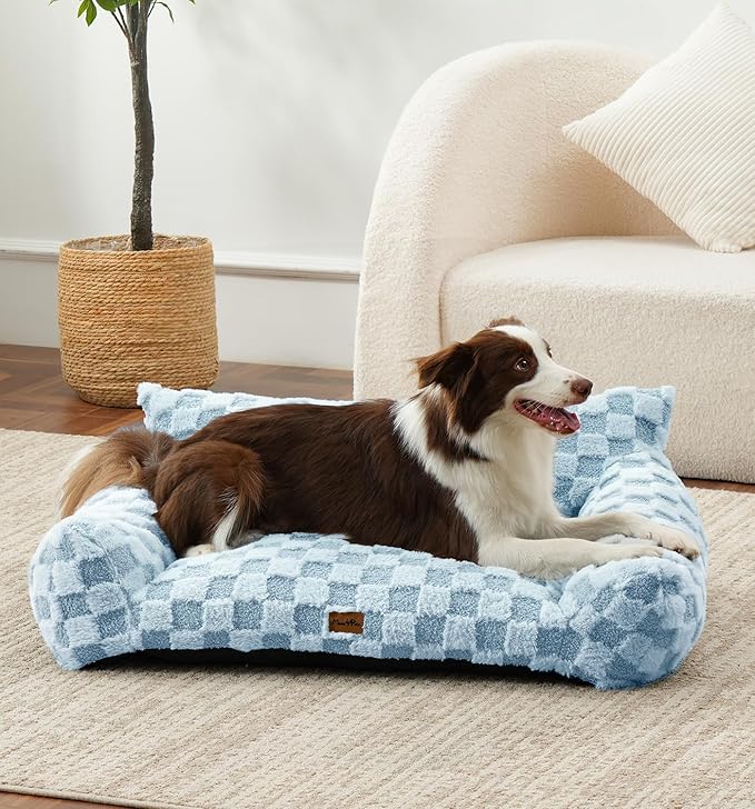 Made4Pets Cat and Dog Indoor Couch Bed, Soft Faux Fur Checkered Pet Sofa, Cozy Fluffy Pet Sofa with Supportive Foam, Removable Washable Cover with Non-Slip Base, Sky Blue, Medium