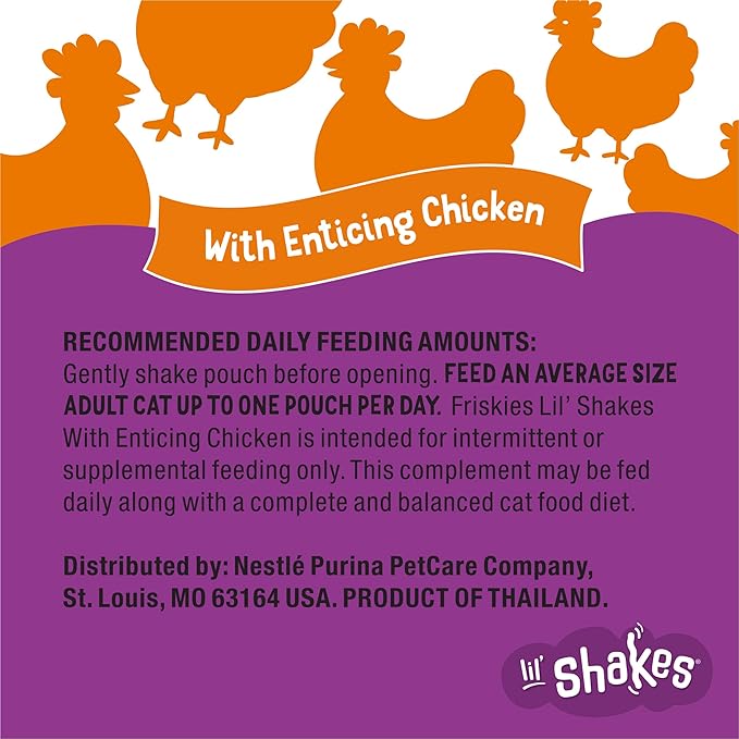 Friskies Purina Pureed Cat Food Topper,Lil’ Shakes with Enticing Chicken Lickable Cat Treats - 1.55 oz. Pouches,(Pack of 32)