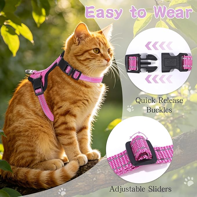 Cat Harness and Leash Set for Walking,Adjustable Escape Proof Kitten Harness and Leash with Reflective Strips,Easy to Wear Soft Breathable Harness for Cats Puppy Bunny Dogs Pink
