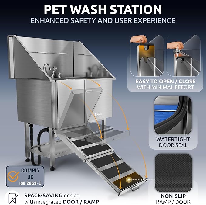 KANIS Professional Dog Washing Station 304 Stainless Steel Pet Wash Sink & Grooming Bathtub w/Shower, Floor Grates and Storage for Large, Medium & Small Pets (Silver, 40 Inches, Left Ramp, Shelf)