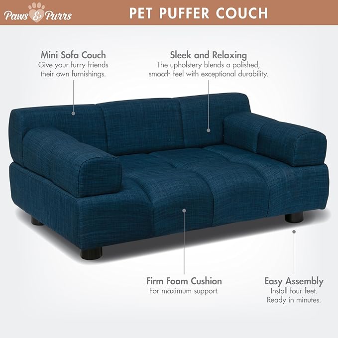Paws & Purrs Puffer Pet Sofa Bed, Dog or Cat Couch with Tufted Cushion and Armrest, Stylish Indoor Pet Furniture, Dark Blue