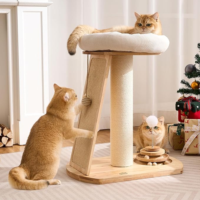 HITTITE Solid Wood Cat Tree Tower, Cat Scratching Post with Bed, 27" Small Cat Tree, Compact Cat Tower with Scratching Pad and Removable Cat Bed, Modern Cat Tower for Indoor Cats Large Adult.