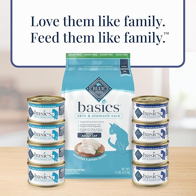 Blue Buffalo Basics Grain-Free Wet Cat Food, Skin & Stomach Care, Limited Ingredient Diet for Indoor Cats, Duck & Potato Entrée, 3-oz Cans (24 Count)