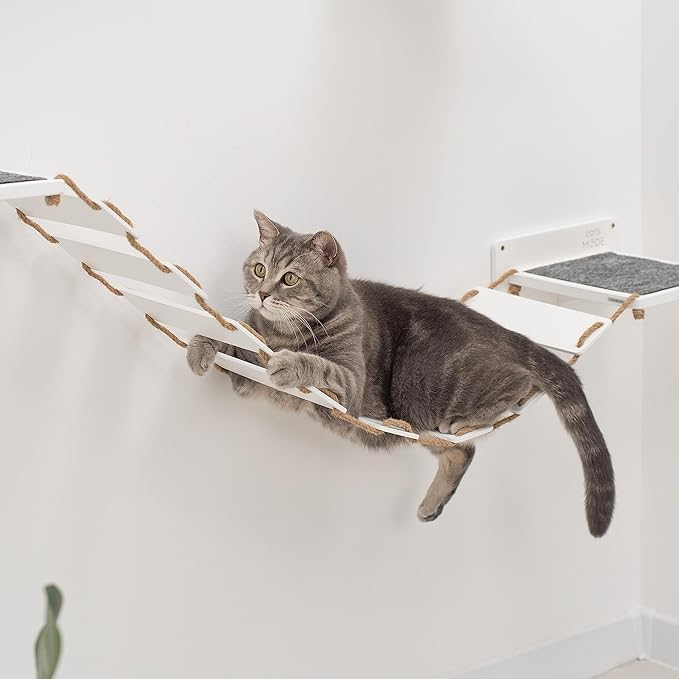 Wood Cat Bridge Cat Steps Cat Bed Wall Cat Toy Rustic Cat Tree Wall Decor Cat Lover Gift New Home Gift Cat Furniture Wall (White, Bridge & 3 steps)