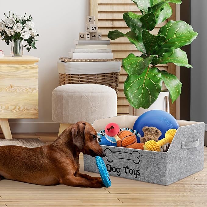 2X Thicker Large Dog Toy Collapsible Fabric Dog Toy Box and Storage Bin With Handle - Trapezoid Dog Toy Basket Chest Organizer for Pet Toys, Blankets and Accessories