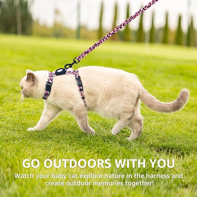 SCENEREAL Adjustable Cat Harness and Leash Set with AirTag Holder, Escape-Proof Design for Small to Large Cats, Lightweight Soft Travel Harness, Pink Leopard