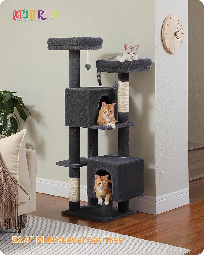 MUTTROS Cat Tree, 52.4" Multilevel Cat Tower for Indoor Cats, Plush Cat Tree House with 2 Padded Perches, 2 Condos & 2 Scratching Posts, Dark Gray