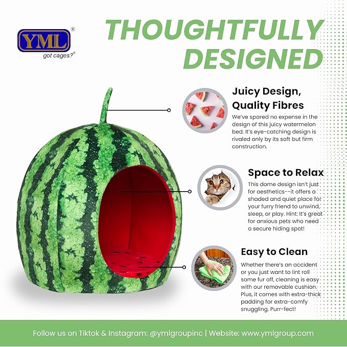 YML Watermelon Pet Bed - Cute Calming Fruit Bed with Removable Cushion for Dogs, Indoor Cats, Rabbits, Small Animals - 20 Inch, Green, Red