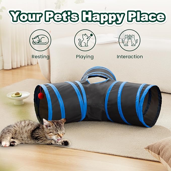 Love’s Cabin Cat Tunnel for Indoor Cats, 3-Way Collapsible Play Tunnel with Teaser Wand, Peek Holes & Toy Ball, Small Pet Toy for Kittens & Rabbits, Black & Royal Blue, Small Size